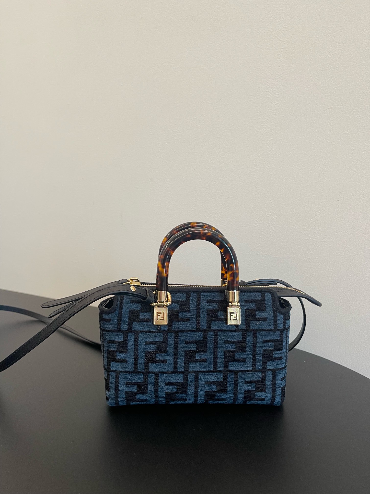 Fendi Mini By The Way FF Canvas Boston Shoulder Bag Dark Blue